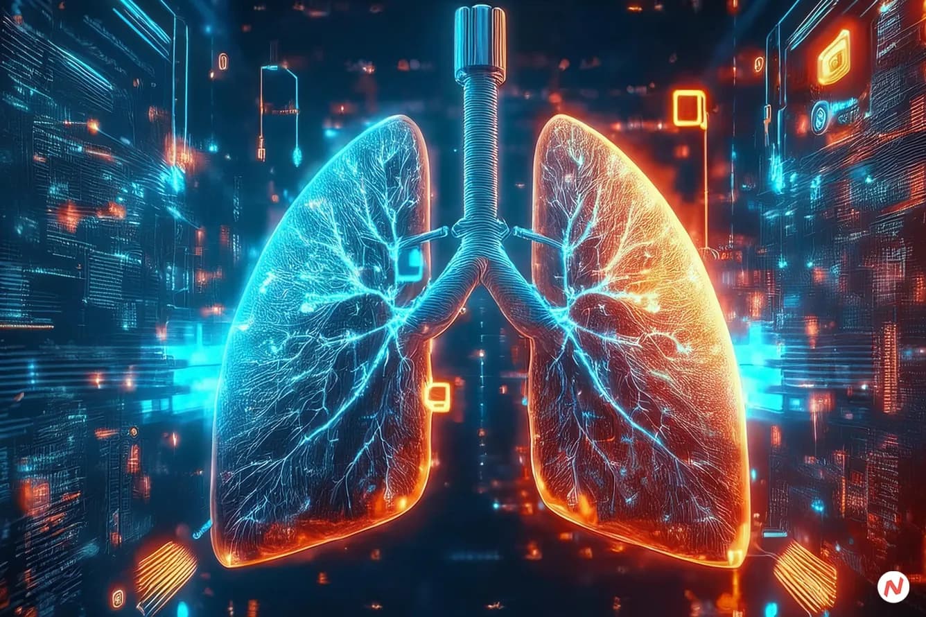Illustration of AI-powered SPOT-MAS blood test analyzing ctDNA for lung cancer detection by Gene Solutions.
