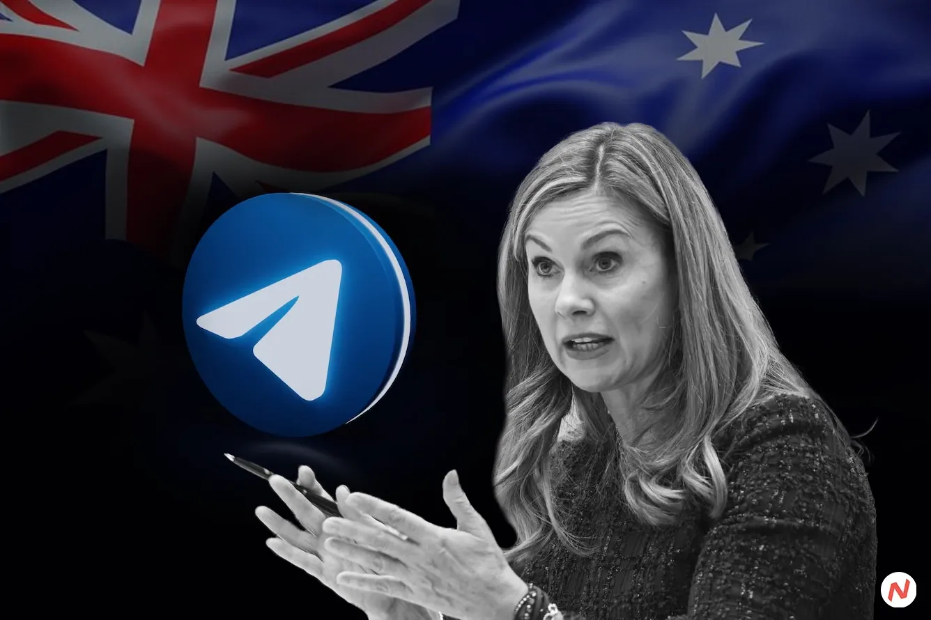 Telegram messaging app logo on a screen, with Australian eSafety Commission fine for delayed response on child abuse and terr