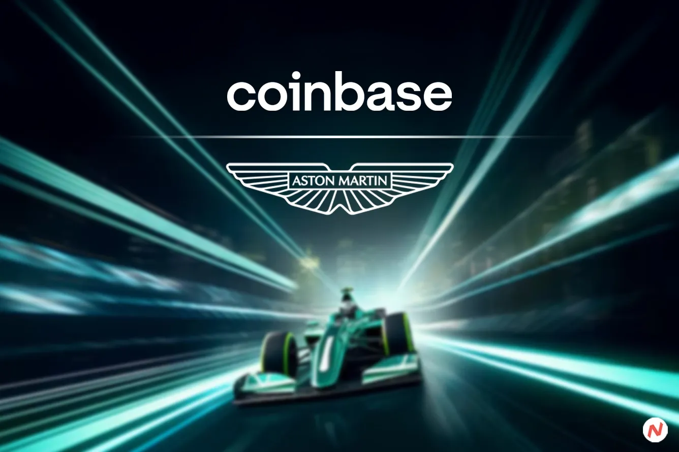 Coinbase branding on Aston Martin AMR25 Formula One car and driver race suits