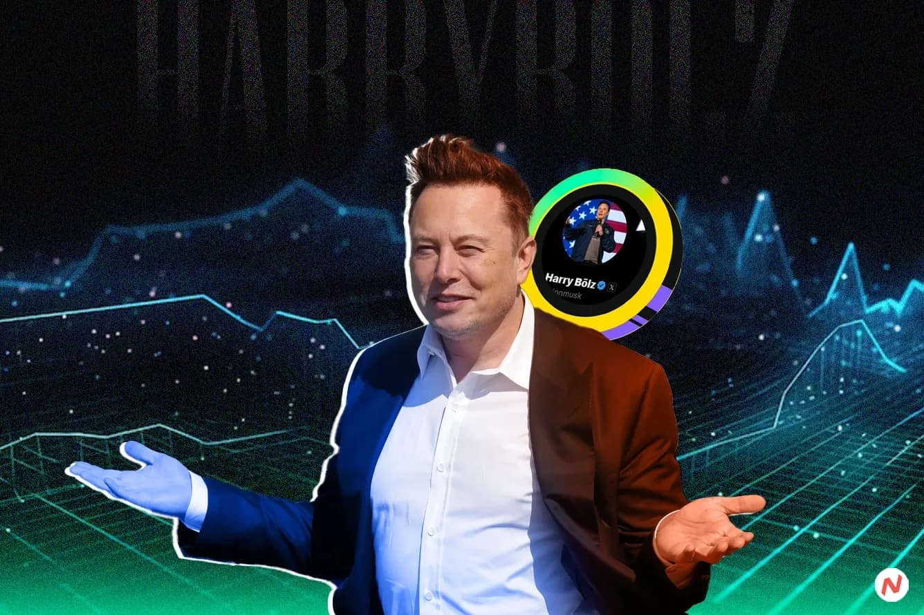 Elon Musk's X profile showing the changed name to Harry Bōlz, alongside Solana meme coin charts