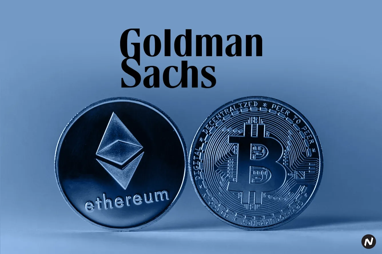 Goldman Sachs logo; bank increases trading activity in Bitcoin and Ethereum amid growing institutional interest.