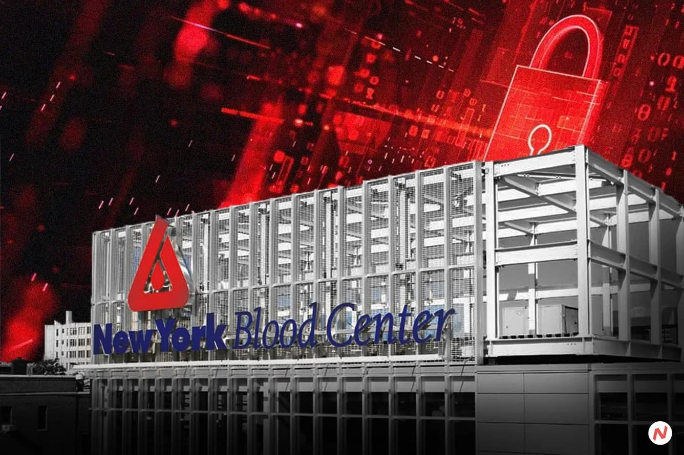 New York Blood Center Enterprises facility with a sign; organization is responding to a ransomware attack on its IT systems.