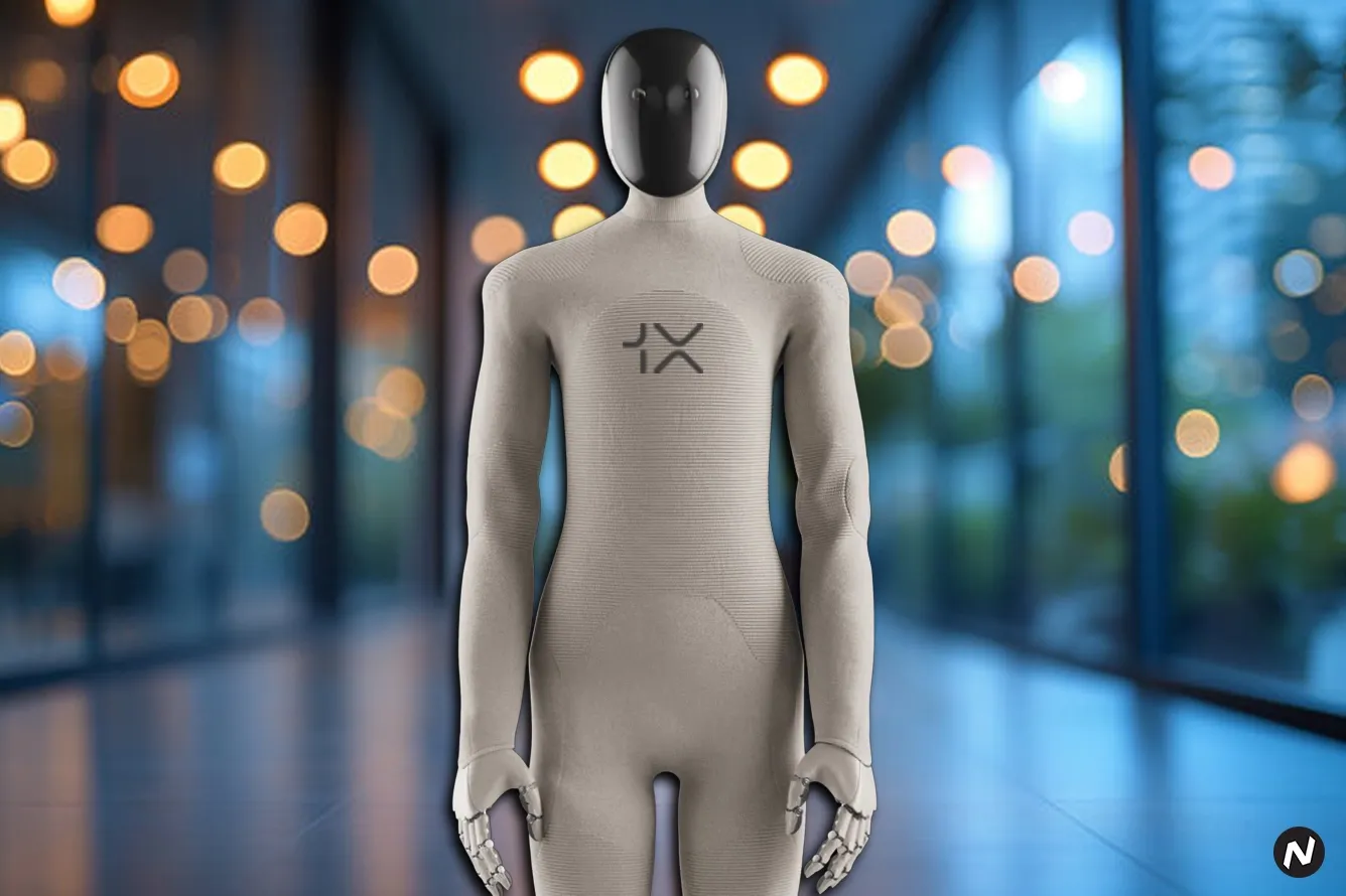 1X's NEO Gamma humanoid robot designed for household tasks with a knitted nylon suit and AI-driven safety features