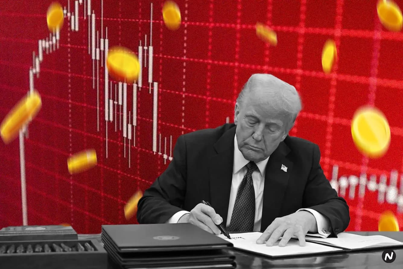 Chart showing crypto market downturn, with Bitcoin and memecoin prices falling after Trump tariff announcement