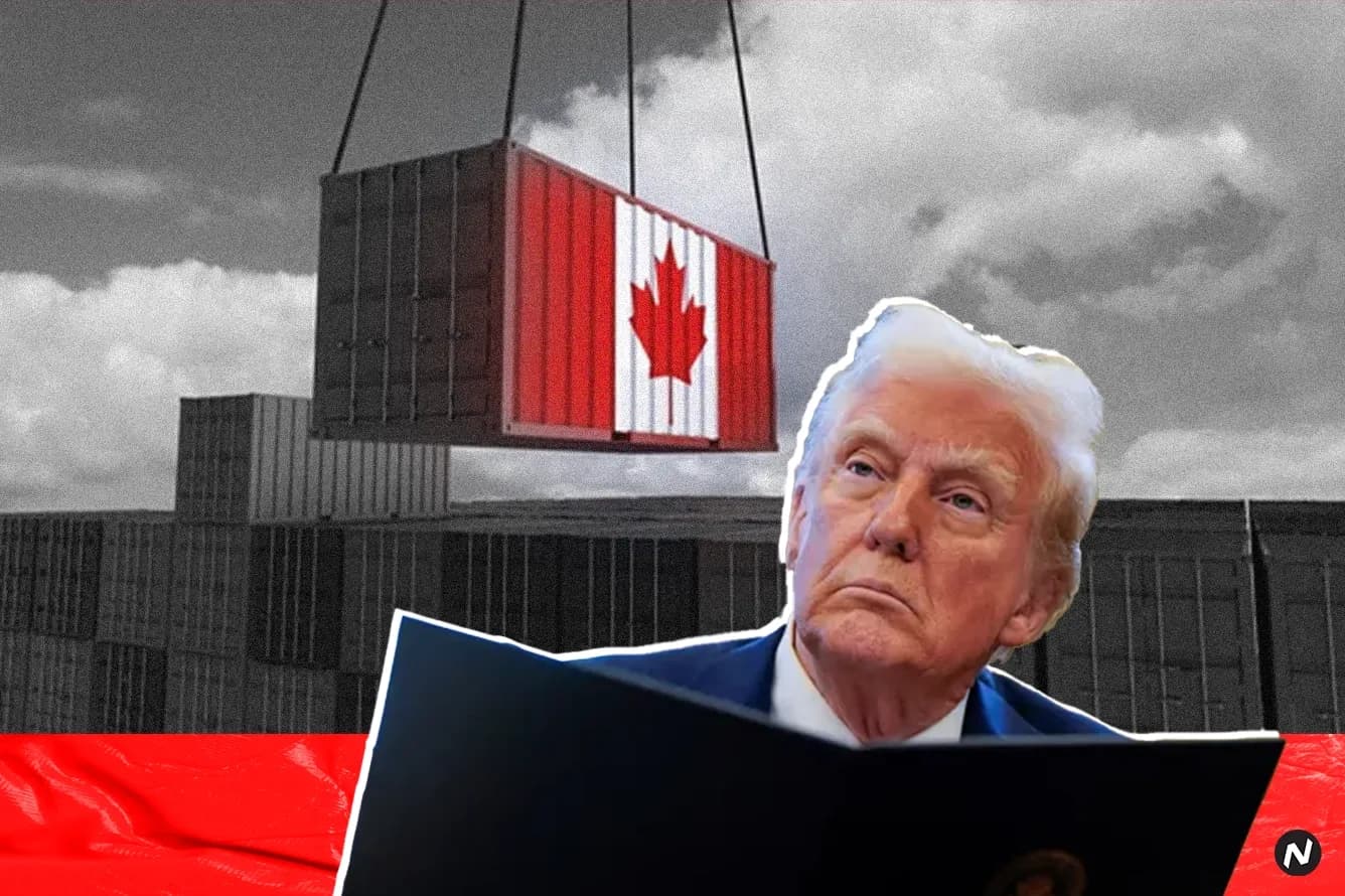 US President Donald Trump signs an executive order on tariffs, with Canadian and US flags in the background.