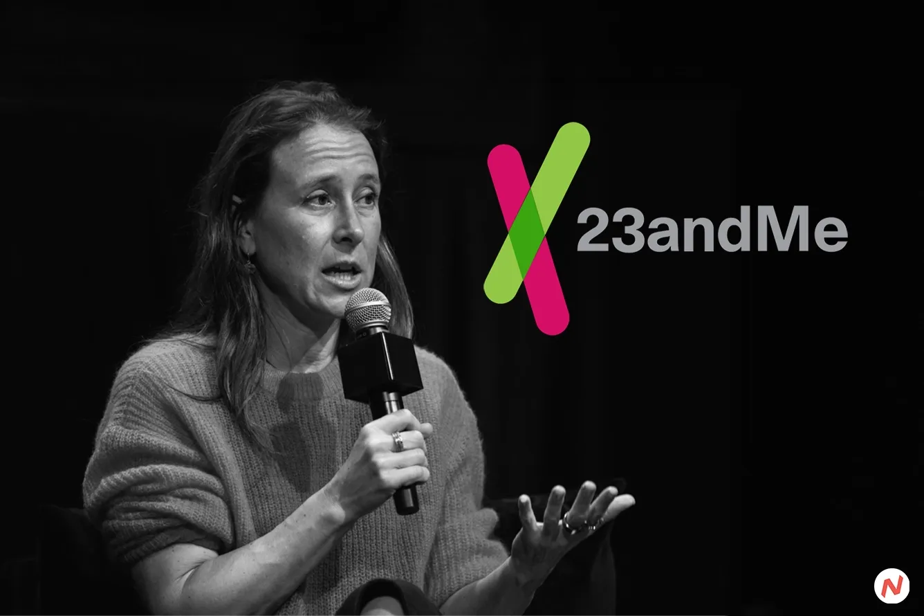 23andMe logo and DNA helix, representing the genetics testing company filing for bankruptcy