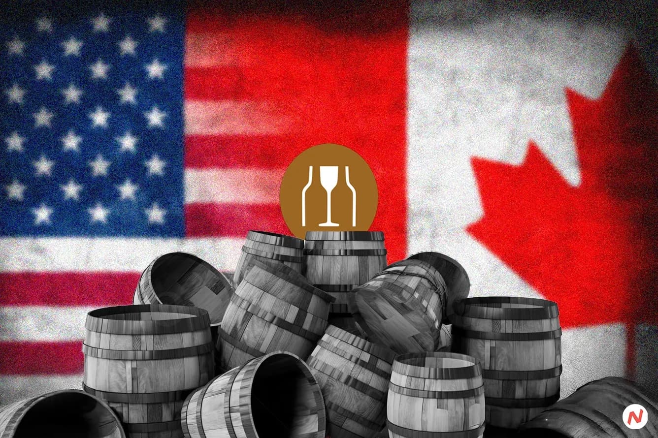 American liquor bottles on store shelves; Canadian provinces banned US brands in retaliation for Trump tariffs