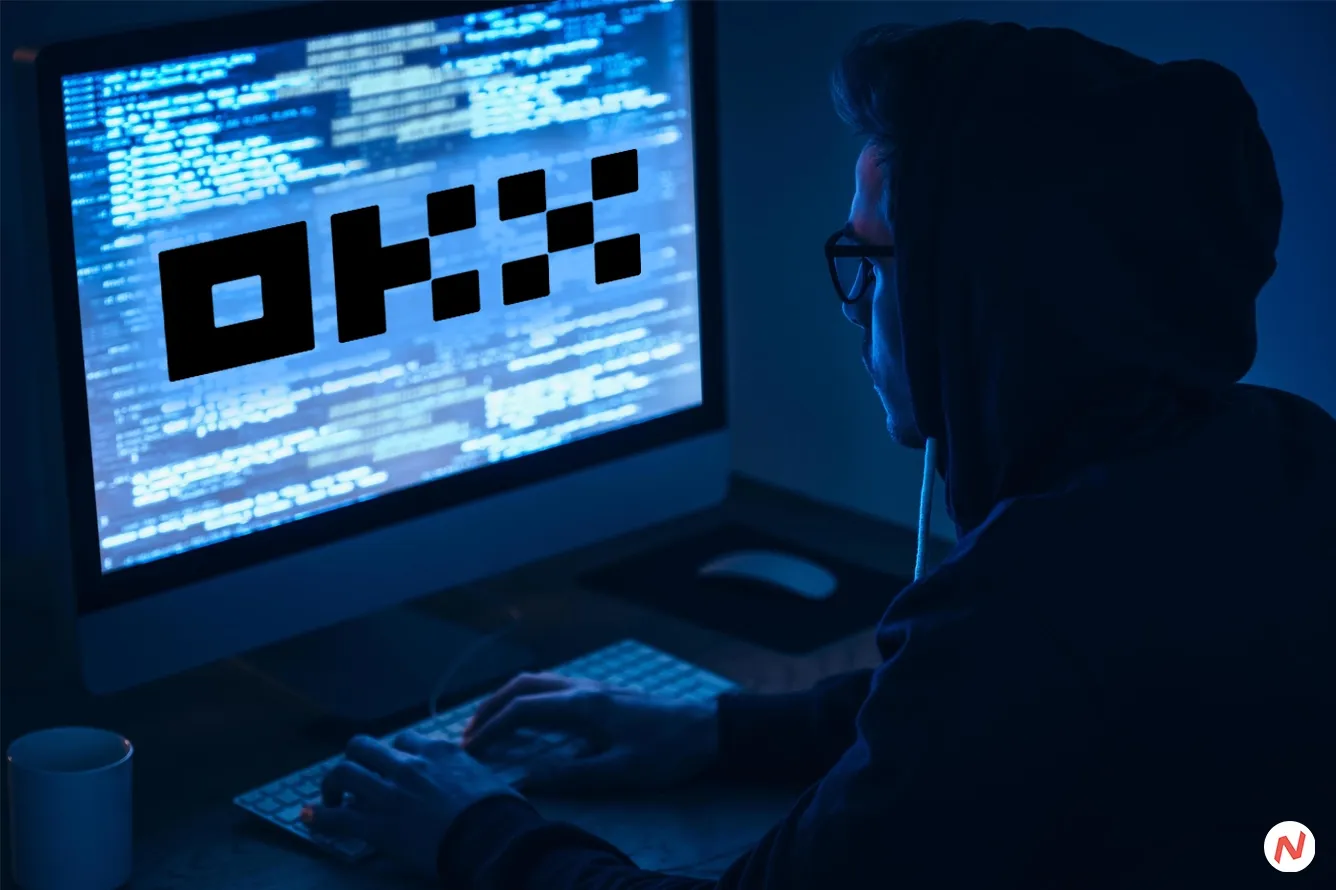 OKX logo and cryptocurrency trading platform interface, representing the exchange's suspended DEX aggregator service