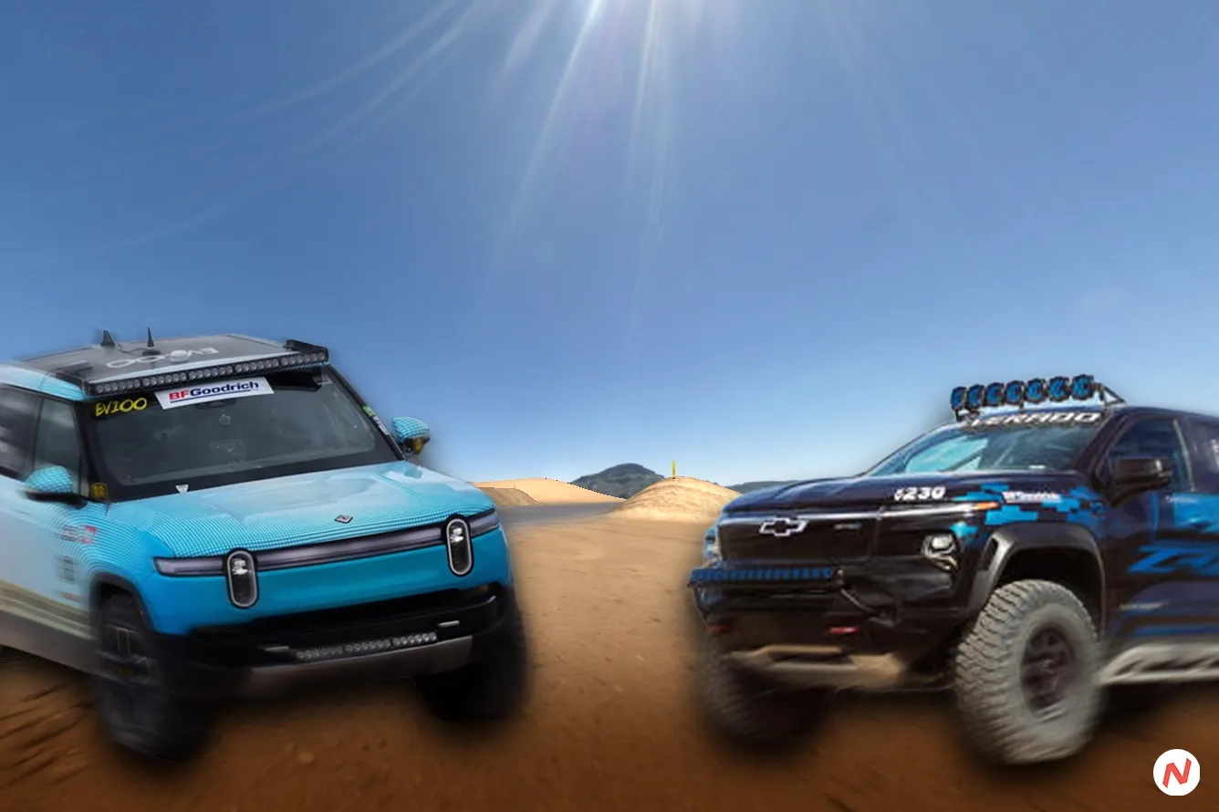 Chevy Silverado EV ZR2 concept and Rivian R1T racing at the Mint 400 desert race in Nevada