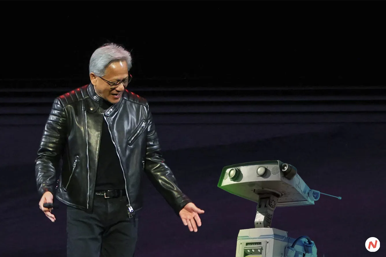 Nvidia CEO Jensen Huang with a Star Wars-inspired BDX droid at GTC 2025, announcing the Newton physics engine collaboration w