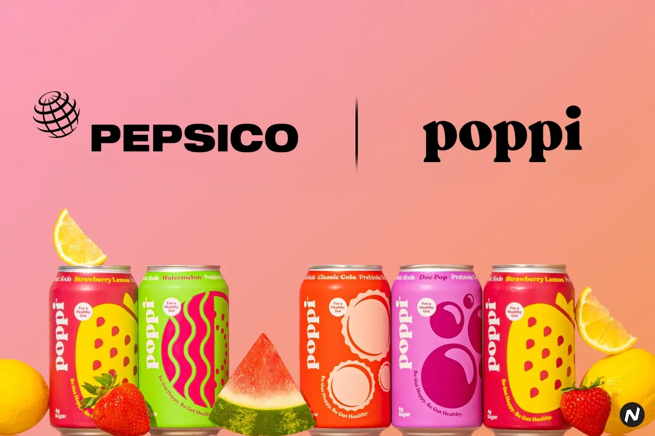 PepsiCo logo and Poppi soda can: Pepsi acquires prebiotic soda brand Poppi for $1.7 billion
