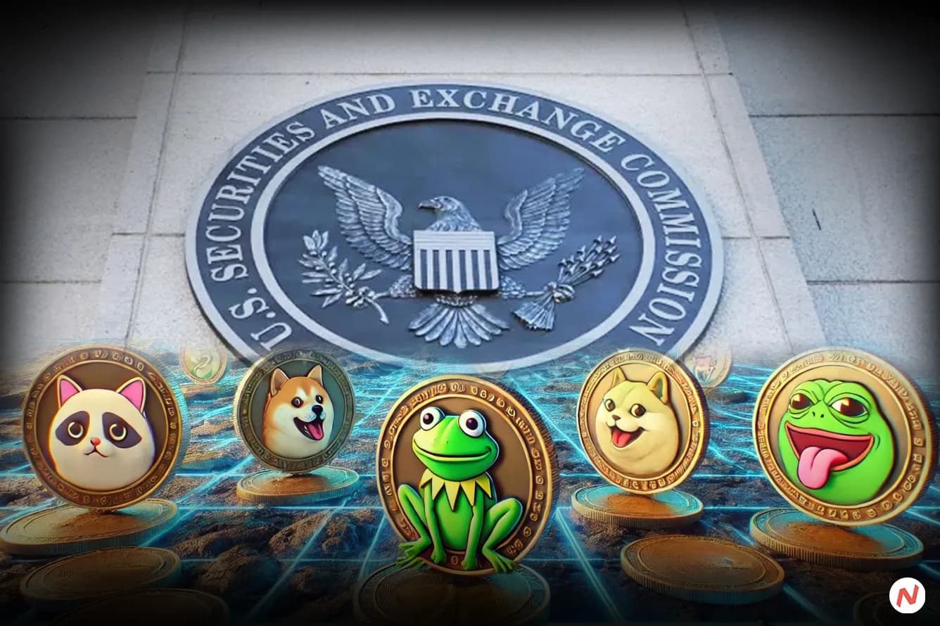SEC headquarters in Washington DC with copy of new meme coin guidance and cryptocurrency tokens