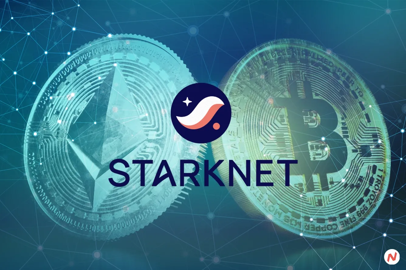 Starknet logo and Bitcoin symbol representing the planned Layer-2 integration to scale Bitcoin transaction speed