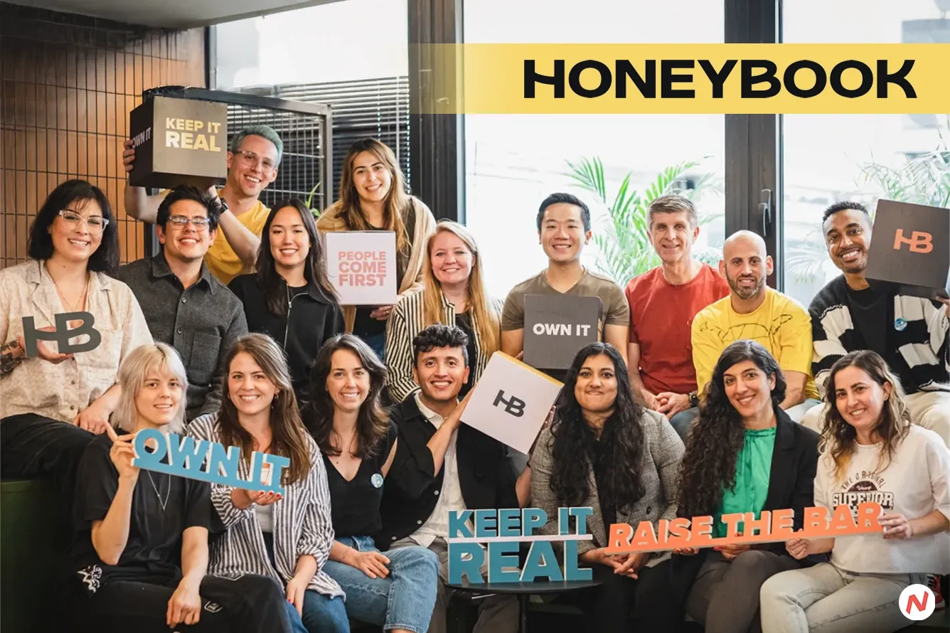 HoneyBook business management platform logo with financial growth metrics including $140M ARR and $2.4B valuation