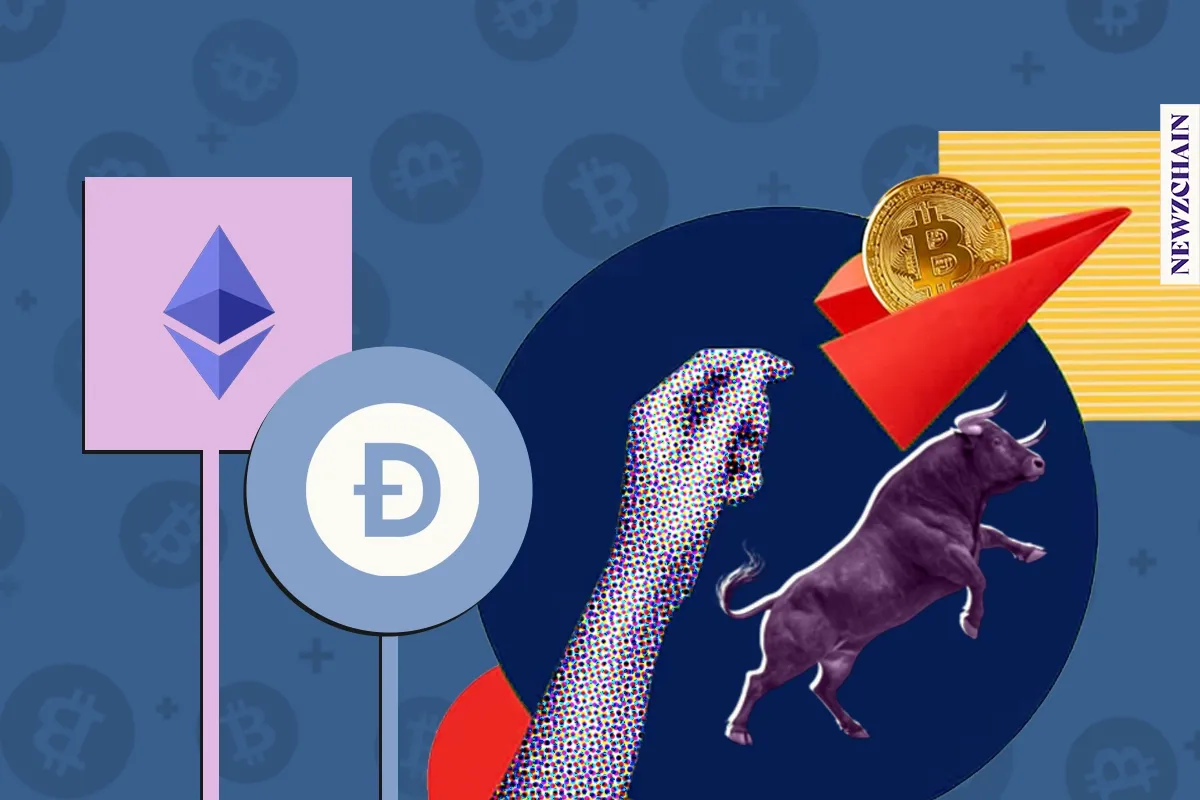 Bitcoin, Ethereum, and Dogecoin price charts showing a rally, with cryptocurrency market data in the background.