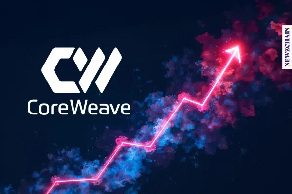 CoreWeave CEO Michael Intrator speaks during an AI infrastructure event, with company logo in background.